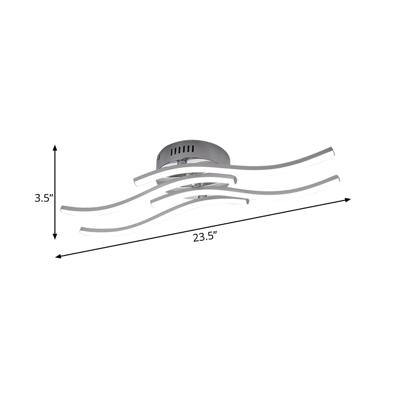 Sleek Nickel Finish 4 - Wavy Linear Semi Flush Mount Led Ceiling Light For Bedroom - Warm/White Glow