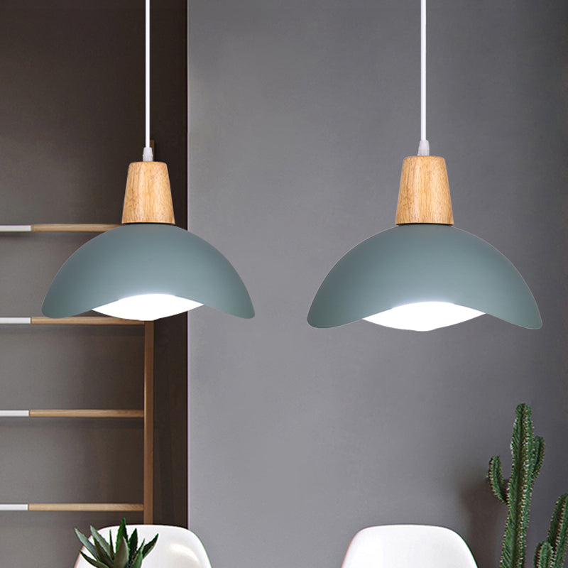 Macaron Iron 1-Light Hanging Lamp In Waving Dome Design - Pink/Yellow/Green Finish For Dining Room
