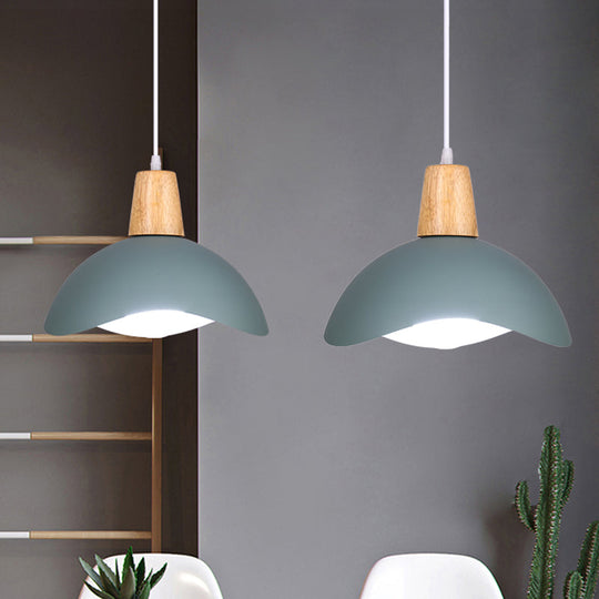 Macaron Iron 1-Light Hanging Lamp In Waving Dome Design - Pink/Yellow/Green Finish For Dining Room