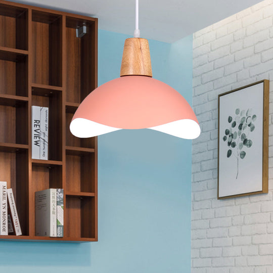 Macaron Iron 1-Light Hanging Lamp In Waving Dome Design - Pink/Yellow/Green Finish For Dining Room