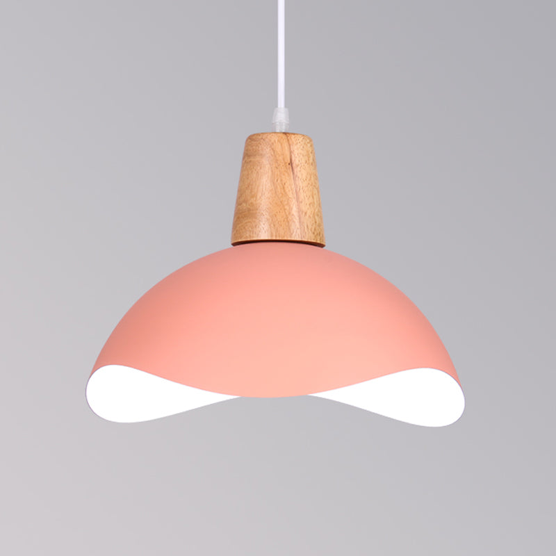 Macaron Iron 1-Light Hanging Lamp In Waving Dome Design - Pink/Yellow/Green Finish For Dining Room