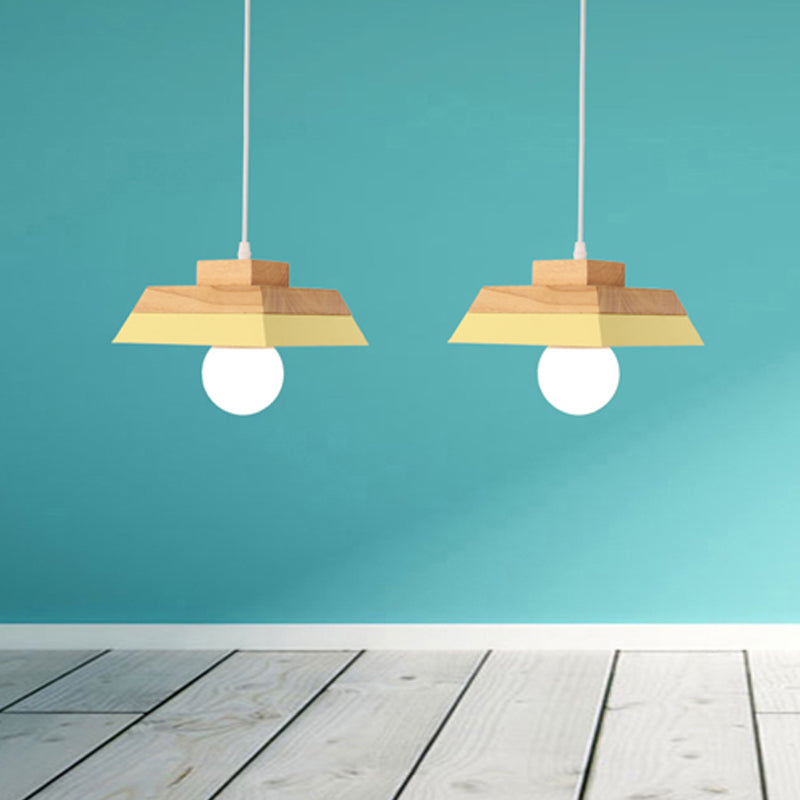 Modern Yellow/Pink & Wood Living Room Suspension Light With Geometric Metal Shade - 1-Bulb Hanging