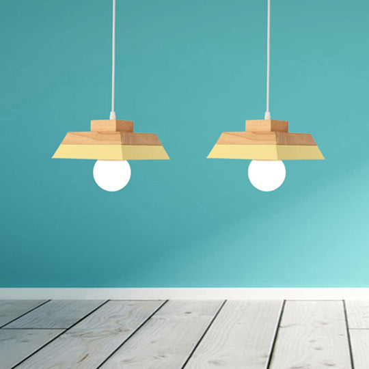 Modern Yellow/Pink & Wood Living Room Suspension Light With Geometric Metal Shade - 1-Bulb Hanging