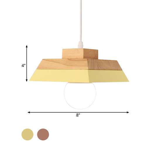 Modern Yellow/Pink & Wood Living Room Suspension Light With Geometric Metal Shade - 1-Bulb Hanging