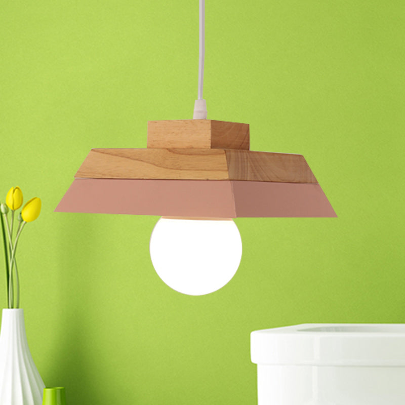 Modern Yellow/Pink & Wood Living Room Suspension Light With Geometric Metal Shade - 1-Bulb Hanging