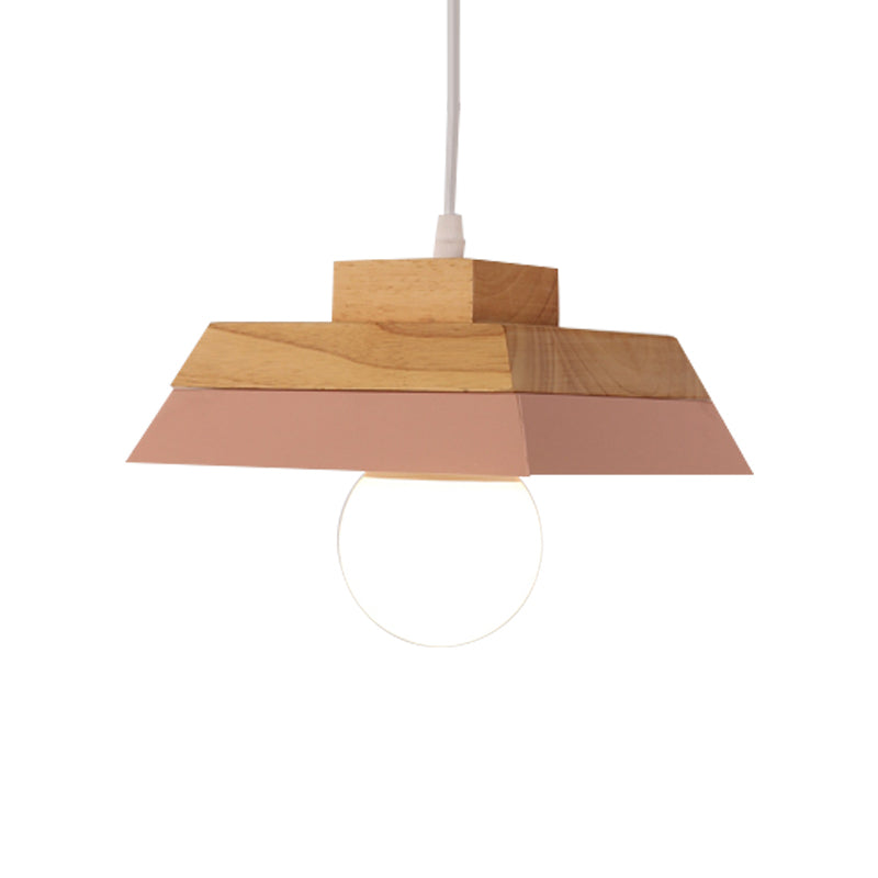 Modern Yellow/Pink And Wood Living Room Pendant Light With Geometric Metal Shade