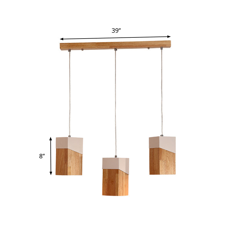 3-Head Modern Beige And White Pendant Light With Wood Shade - Ideal For Study Room