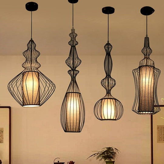 Industrial Black Wire Pendant Light With Fabric Shade - 1 Dining Room Fixture