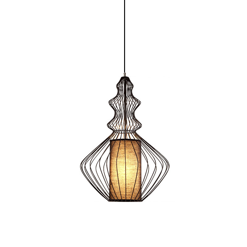 Industrial Black Wire Pendant Light With Fabric Shade - 1 Dining Room Fixture