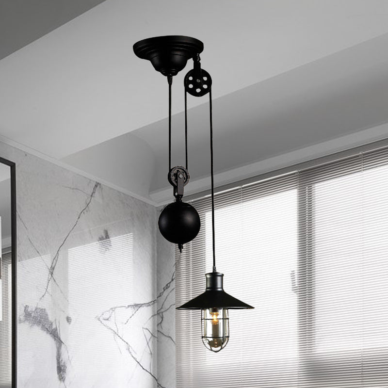 Black Metal Nautical Pulley Pendant Light With Cage Shade - 1-Light Kitchen Hanging Lamp