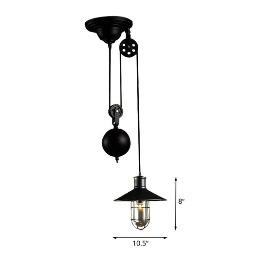 Black Metal Nautical Pulley Pendant Light With Cage Shade - 1-Light Kitchen Hanging Lamp