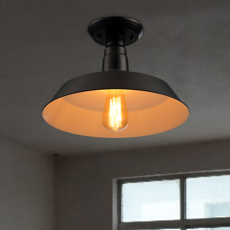 Black/Red Industrial Style Semi Flush Ceiling Light Fixture For Corridor - Metallic Barn Shade