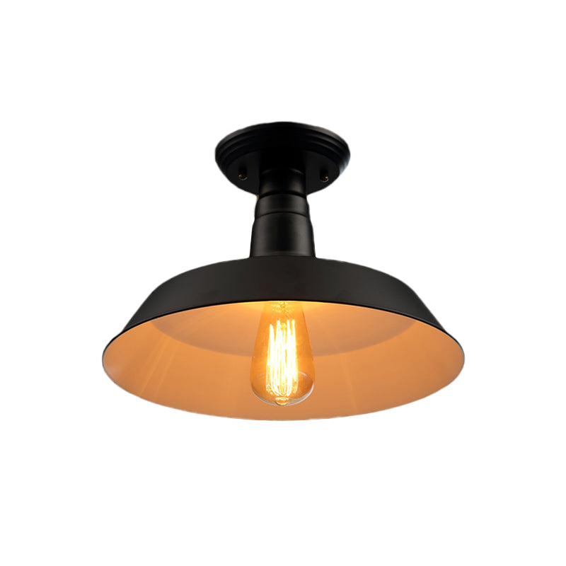 Black/Red Industrial Style Semi Flush Ceiling Light Fixture For Corridor - Metallic Barn Shade