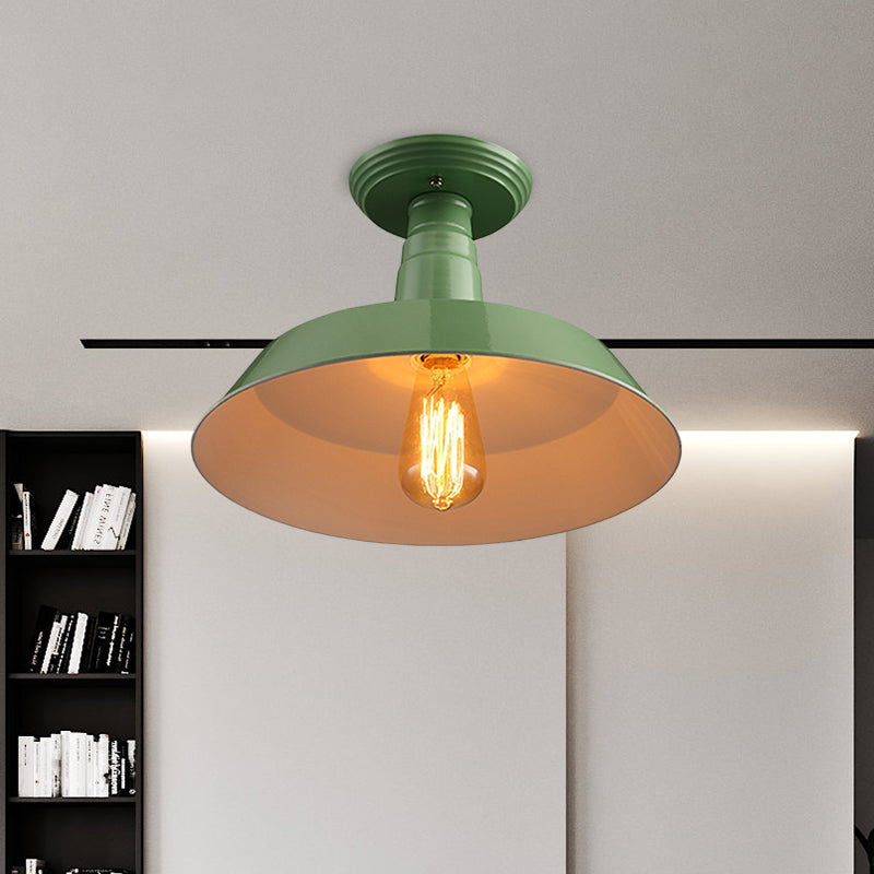 Black/Red Industrial Style Semi Flush Ceiling Light Fixture For Corridor - Metallic Barn Shade