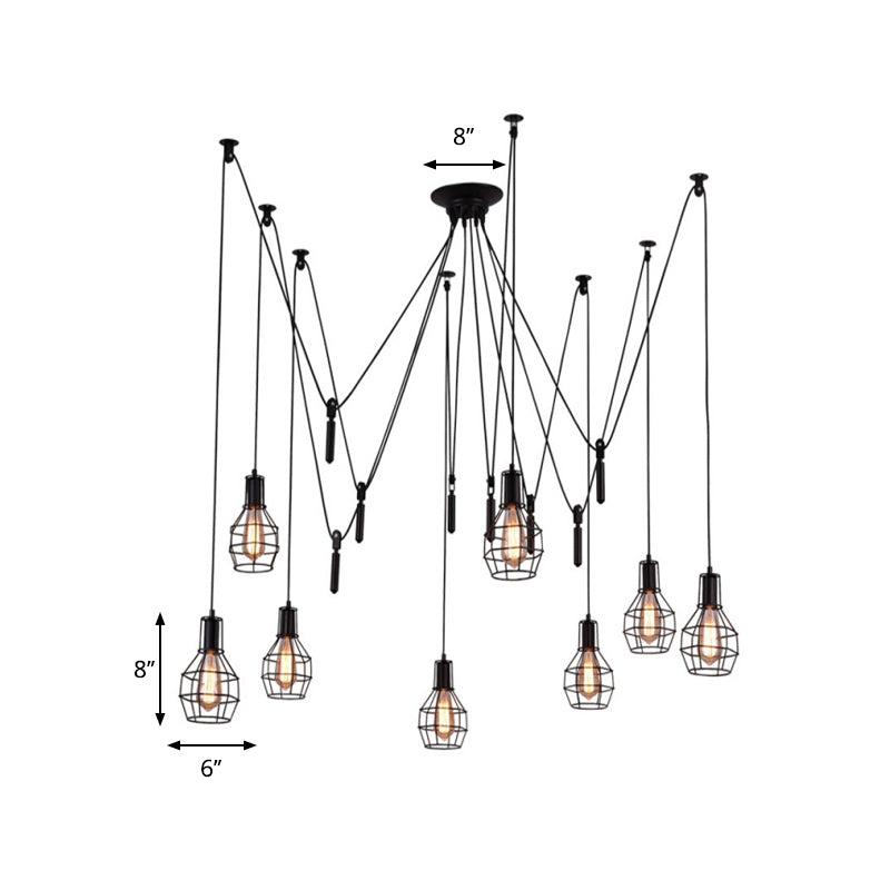 Farmhouse Black Metallic Pendant Light Fixture With Swag Design - 3/5/8 Head Caged Hanging Lamp