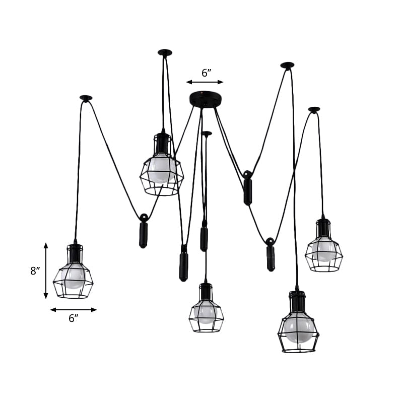 Farmhouse Black Metallic Pendant Light Fixture With Swag Design - 3/5/8 Head Caged Hanging Lamp