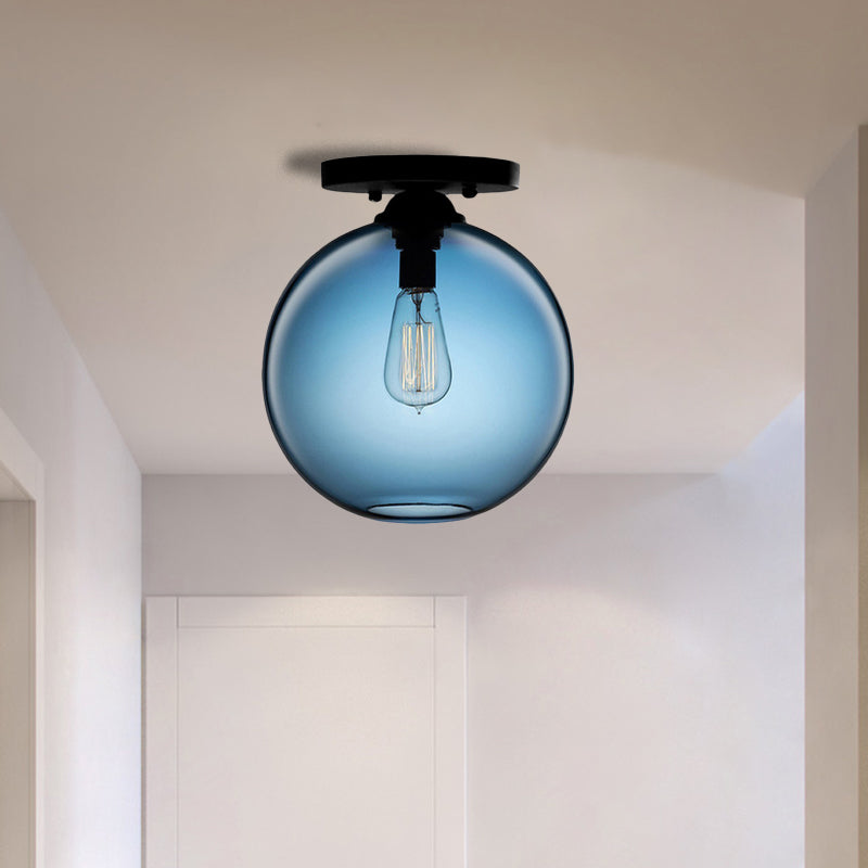 Industrial Style Semi-Flush Ceiling Light With Globe Shade In Red/Brown/Blue Glass For Dining Room