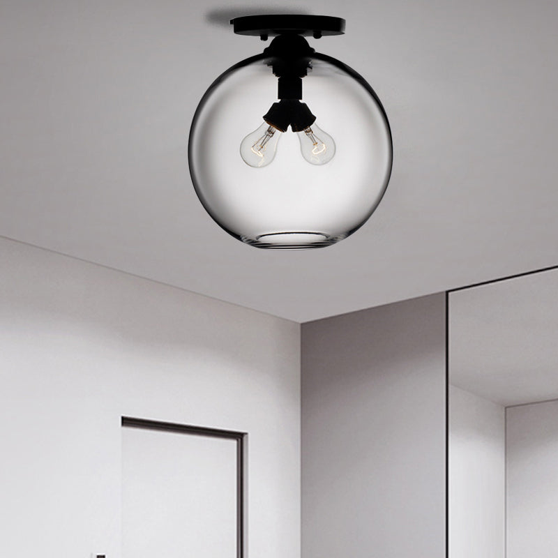 Industrial Style Semi-Flush Ceiling Light With Globe Shade In Red/Brown/Blue Glass For Dining Room