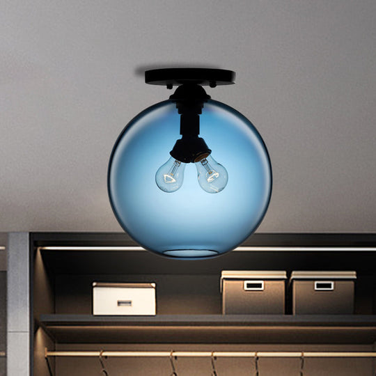 Industrial Style Semi-Flush Ceiling Light With Globe Shade In Red/Brown/Blue Glass For Dining Room