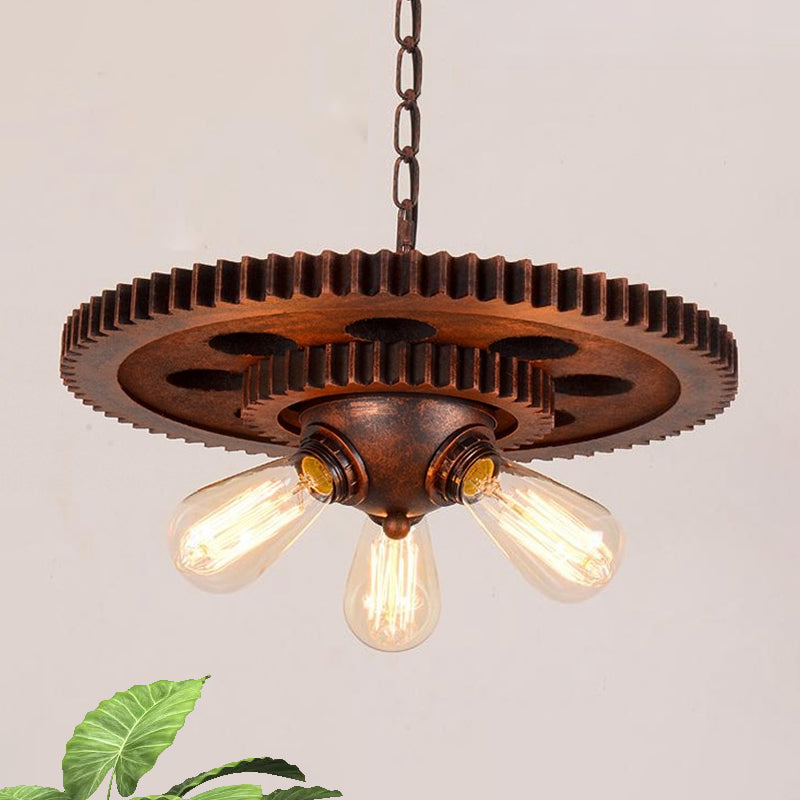 Rustic Weathered Copper Chandelier With Open Bulb And Gear Design – Perfect For Retro Restaurant