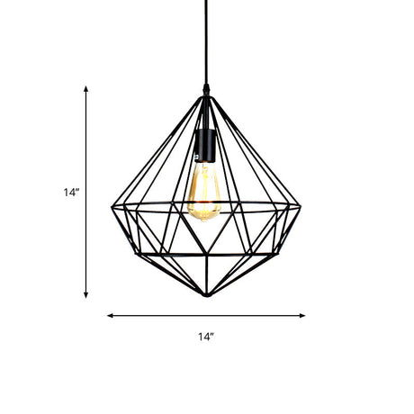 Industrial Black Metal Pendant Ceiling Light With Faceted Cage For Living Room