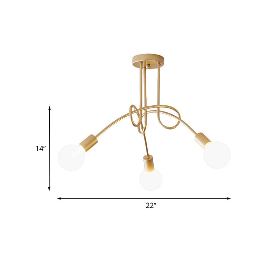 Industrial Twisted Semi Flush Mount 3 - Light Ceiling Light In Brass - Metallic Finish Bare Bulb