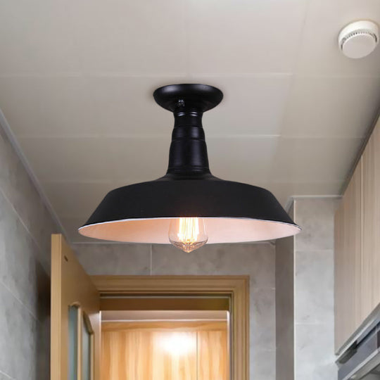 Industrial Barn Semi-Flush Mount Ceiling Light In Black - 10’/14’ Diameter 1 Bulb Metallic Shade