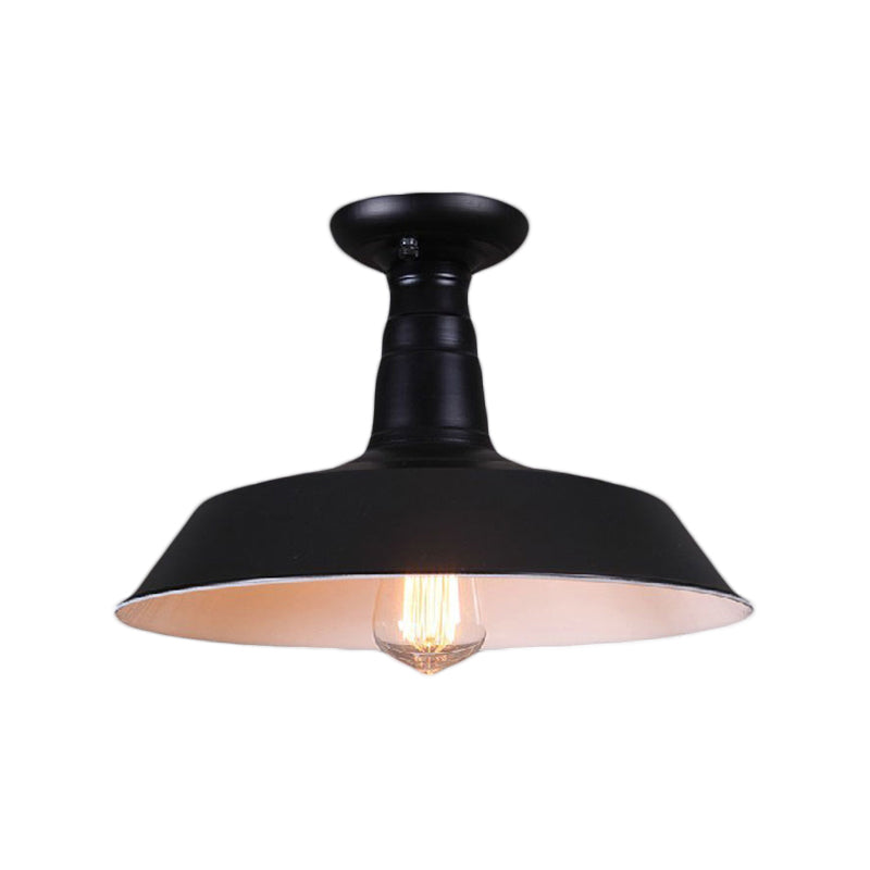 Industrial Barn Semi-Flush Mount Ceiling Light In Black - 10’/14’ Diameter 1 Bulb Metallic Shade
