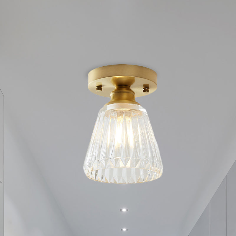 Brass Cone Ceiling Light: Industrial Semi Flush Mount With Clear Textured Glass For Living Room