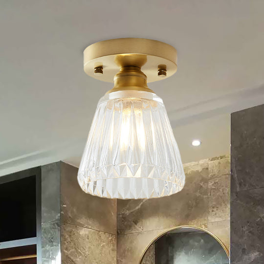 Industrial-Style Cone Glass Ceiling Light - Single Bulb Semi Flush Mount Fixture In Brass With