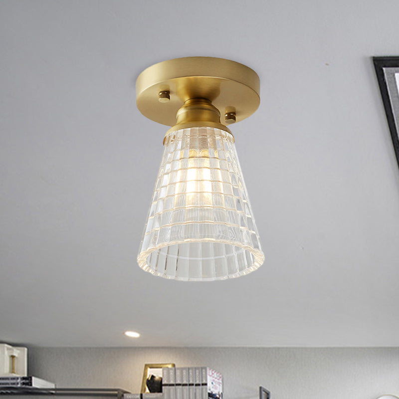 Industrial-Style Cone Glass Ceiling Light - Single Bulb Semi Flush Mount Fixture In Brass With
