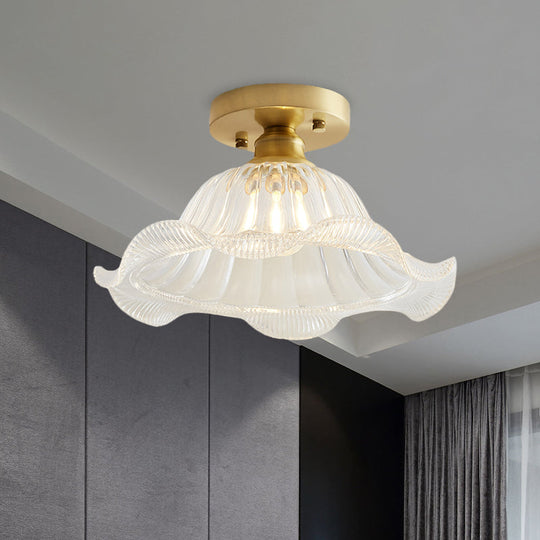 Industrial Brass Ceiling Light With Scalloped Texture - Living Room Semi Flush One