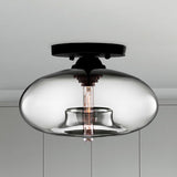 Industrial Semi Flush Ceiling Light With Oval Red/Brown/Blue Glass Shade - Black Finish Ideal For