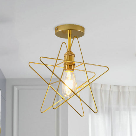 Vintage Industrial Star Cage Semi Flush Light: Black/Gold Metallic Mount For Corridor Gold
