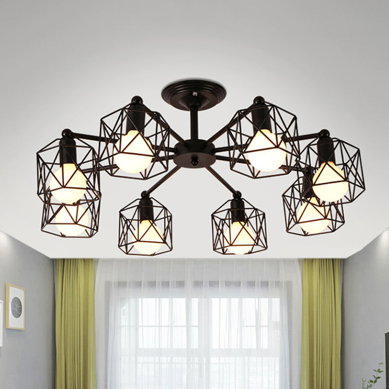 Retro Style Black Metal Semi Flush Pendant Light With Global Cage Shade For Living Room - 6/8