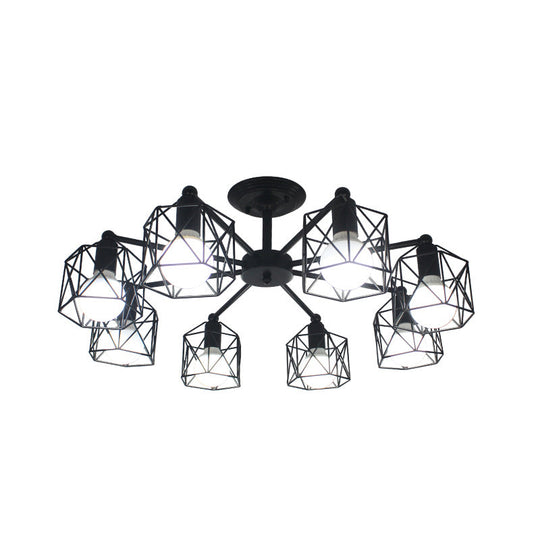 Retro Style Black Metal Semi Flush Pendant Light With Global Cage Shade For Living Room - 6/8
