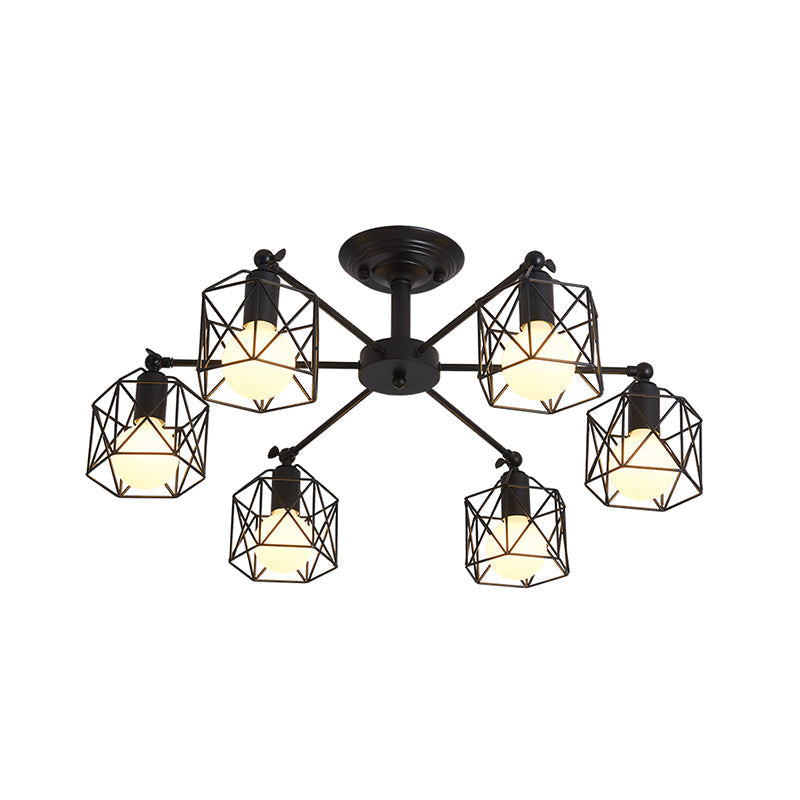 Retro Style Black Metal Semi Flush Pendant Light With Global Cage Shade For Living Room - 6/8