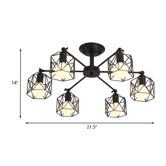 Retro Style Black Metal Semi Flush Pendant Light With Global Cage Shade For Living Room - 6/8