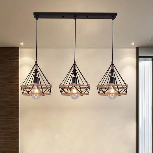 Diamond Cage Pendant Lamp - Industrial Stylish 3 Lights Metal And Rope Black