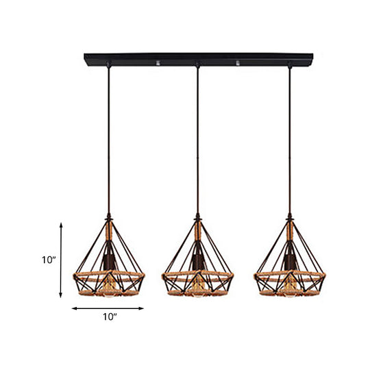 Diamond Cage Pendant Lamp - Industrial Stylish 3 Lights Metal And Rope Black