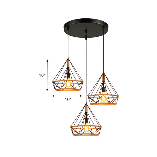 Diamond Cage Pendant Lamp - Industrial Stylish 3 Lights Metal And Rope Black