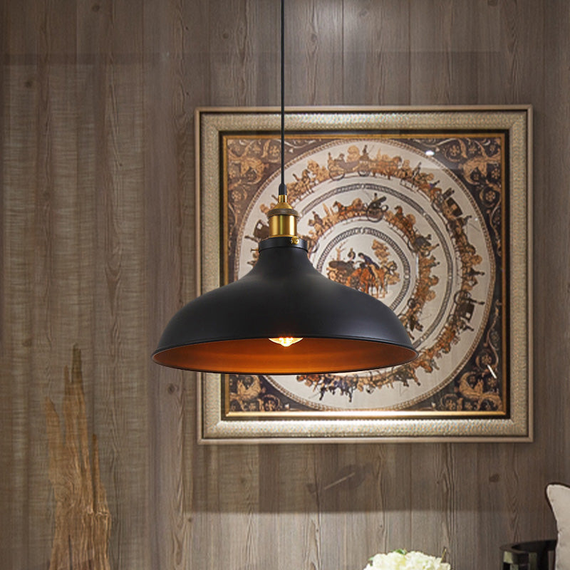 Vintage Style Pendant Lamp- Metal Bowl Ceiling Light Fixture In Black/White For Restaurants