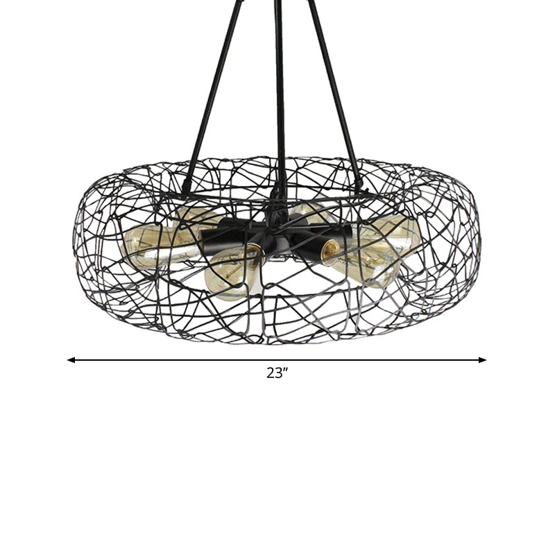 Industrial Black Metal Ceiling Chandelier With 6-Light Drum Fixture And Mesh Screen