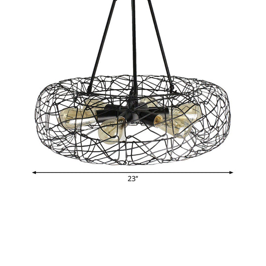 Industrial Black Metal Ceiling Chandelier With 6-Light Drum Fixture And Mesh Screen