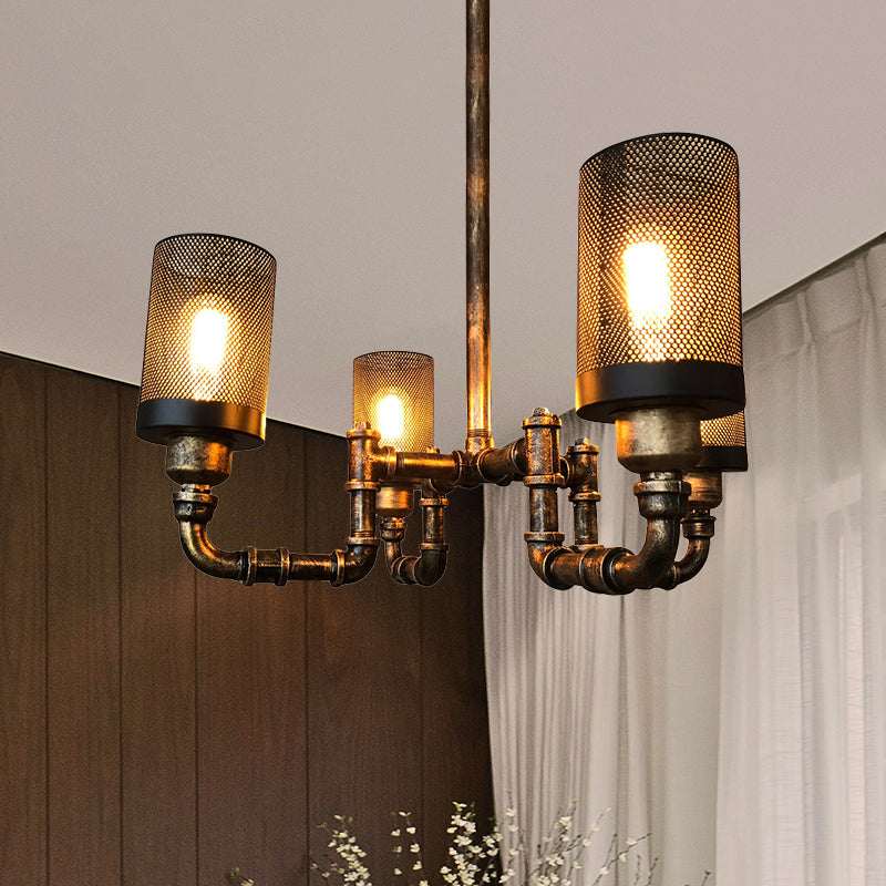 Vintage Bronze Finish Iron Cylinder Chandelier Pendant Light With Mesh Screen - Set Of 4 Bulbs