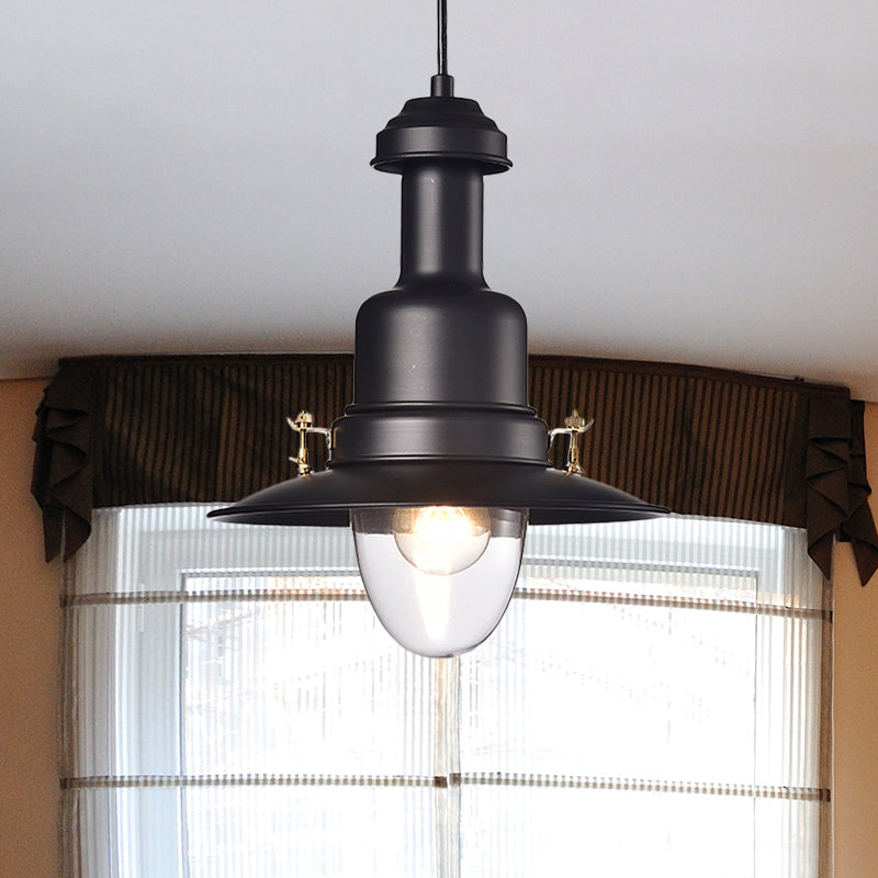 Nautical Style Flat Shade Pendant Lamp - 1 Light Metallic Suspended Black/White Finish For Kitchen
