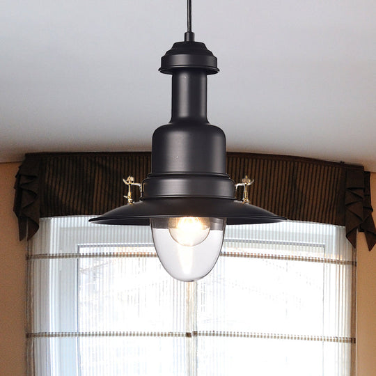 Nautical Style Flat Shade Pendant Lamp - 1 Light Metallic Suspended Black/White Finish For Kitchen