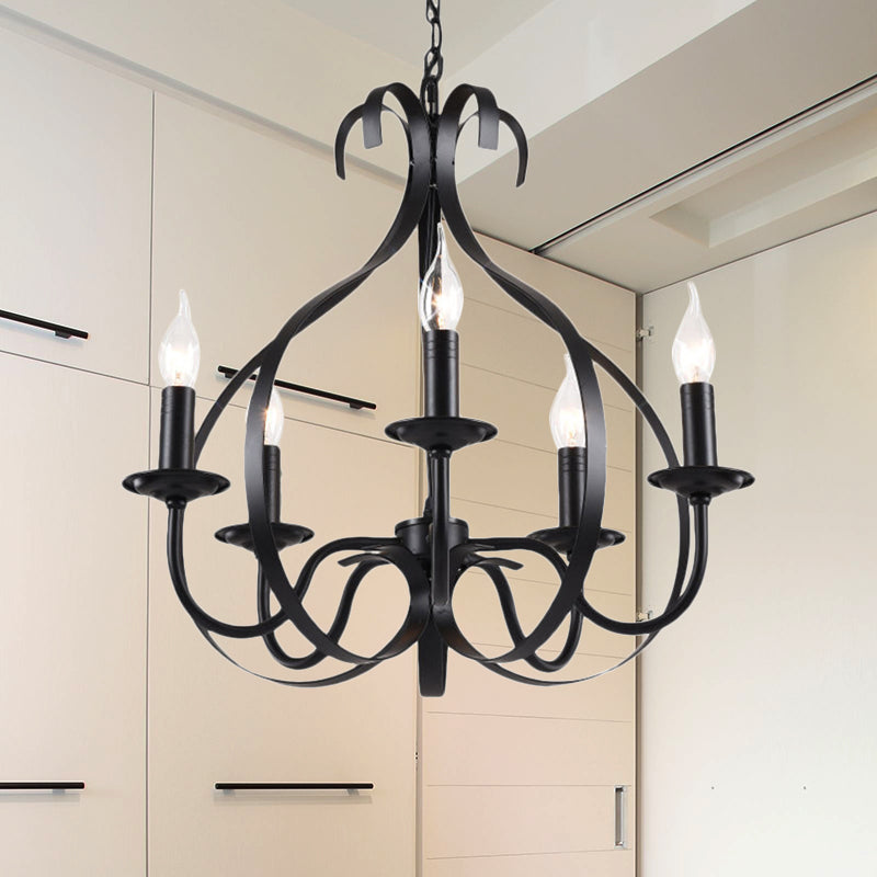 Industrial Iron Chandelier Lamp: Adjustable Flameless Candle Pendant Lighting 6 Bulbs Black Finish