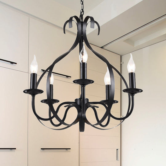Industrial Iron Chandelier Lamp: Adjustable Flameless Candle Pendant Lighting 6 Bulbs Black Finish
