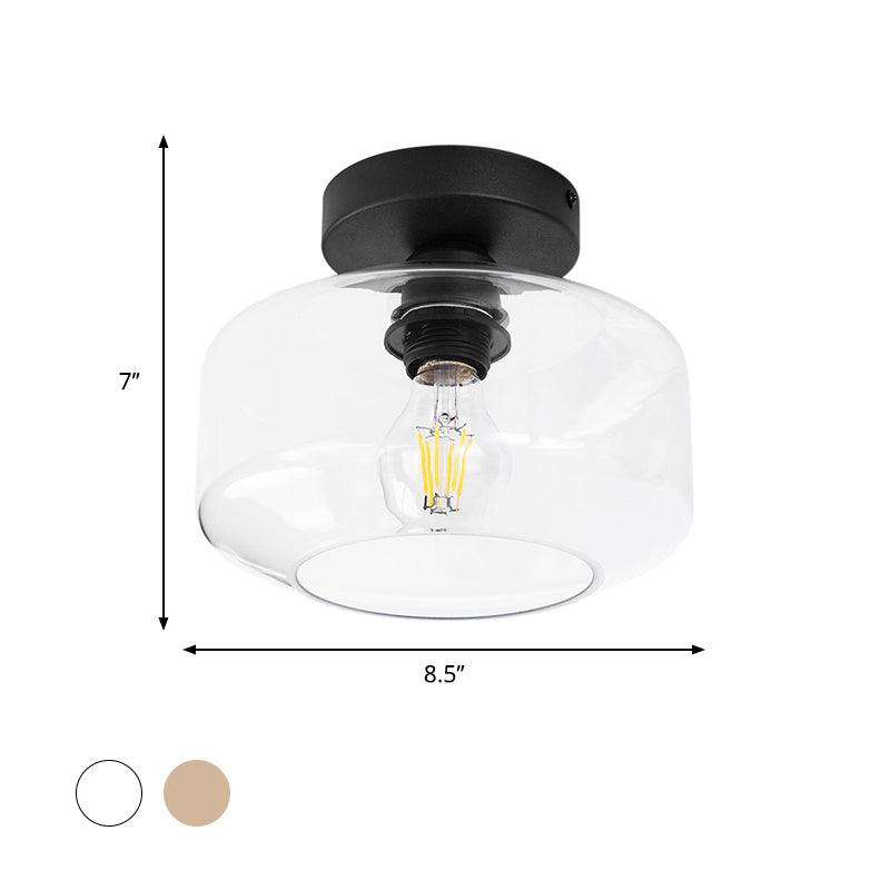 Sleek Industrial Drum Shade Semi Flush Light In Black With Clear/Amber Glass – Perfect For Foyer
